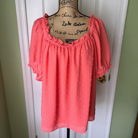 Cece Coral Square Neck Ruffled Dot Blouse | 2X - Picture 1 of 2